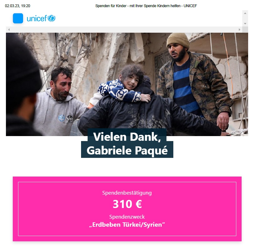 Spendennachweis für die Erdbebenopfer in der Türkei und Syrien